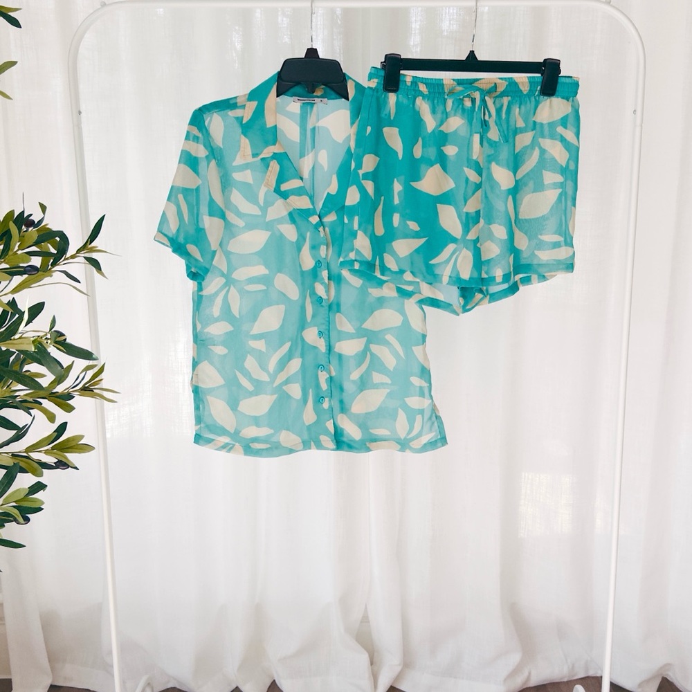 Teal and White Leaf Print Sheer Cover Up Set